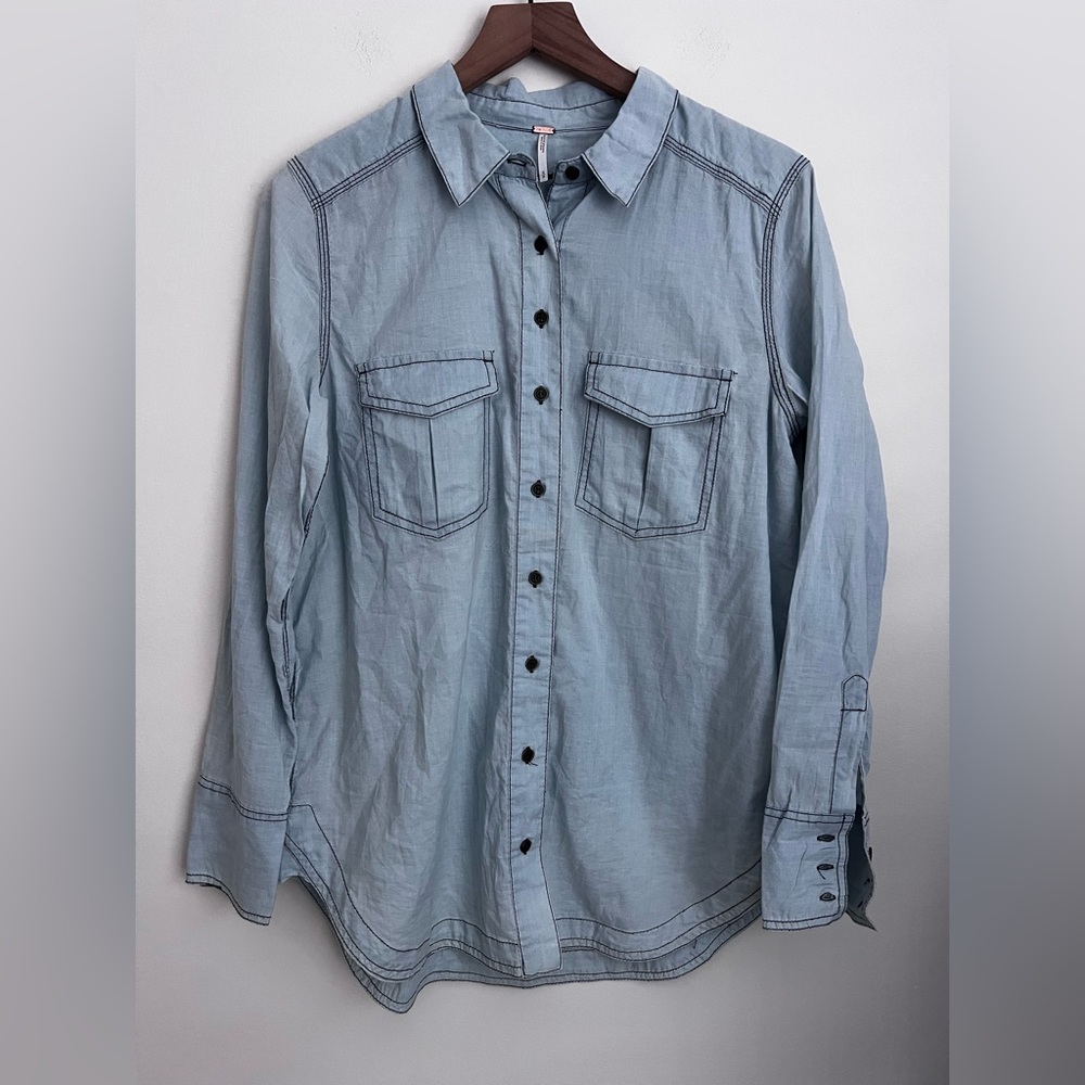 Free People Last Chance Blue Chambray Button Down Shirt long sleeve lightweight - Picture 2 of 7